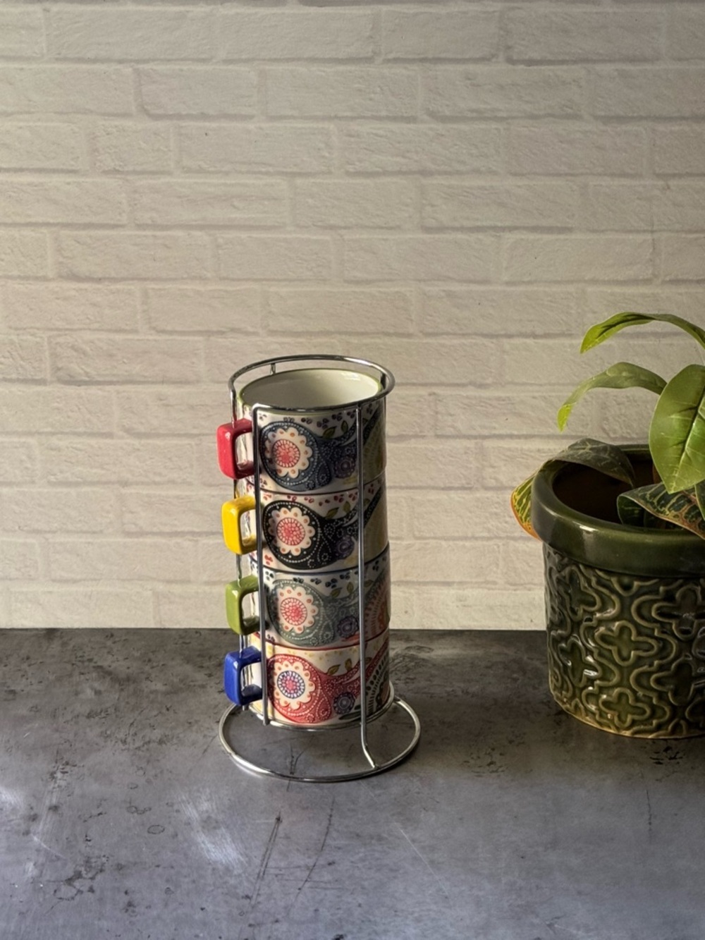 Pier 1 Stackable Stoneware Coffee Cup Set of 4 Paisley Batik Mugs with Holder